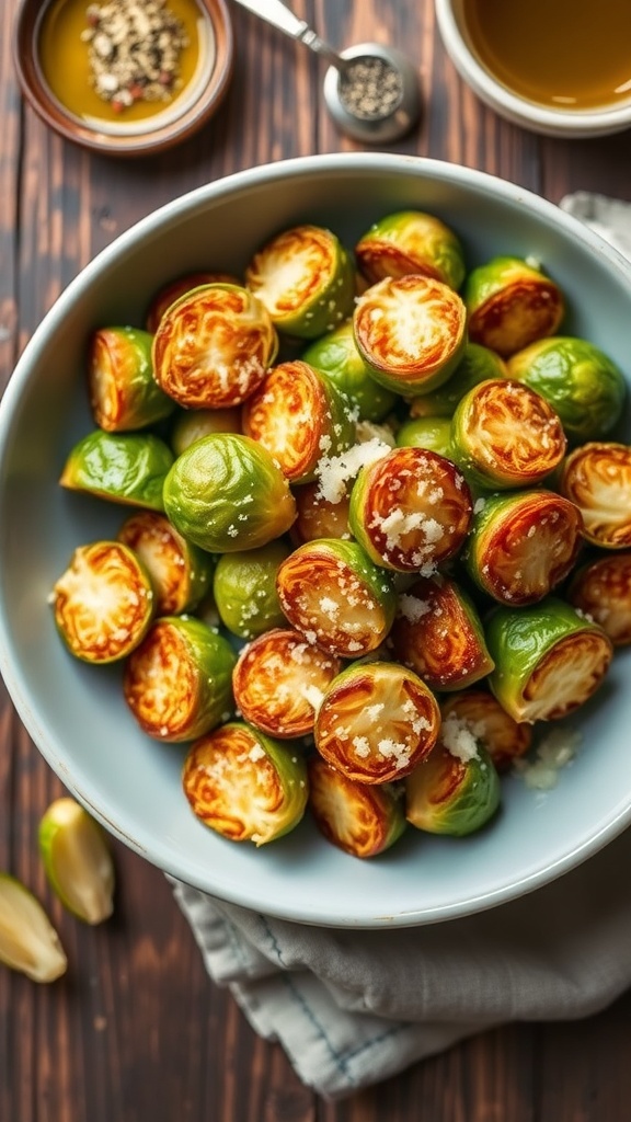 Crispy air-fried Brussels sprouts garnished with Parmesan cheese on a rustic wooden table.